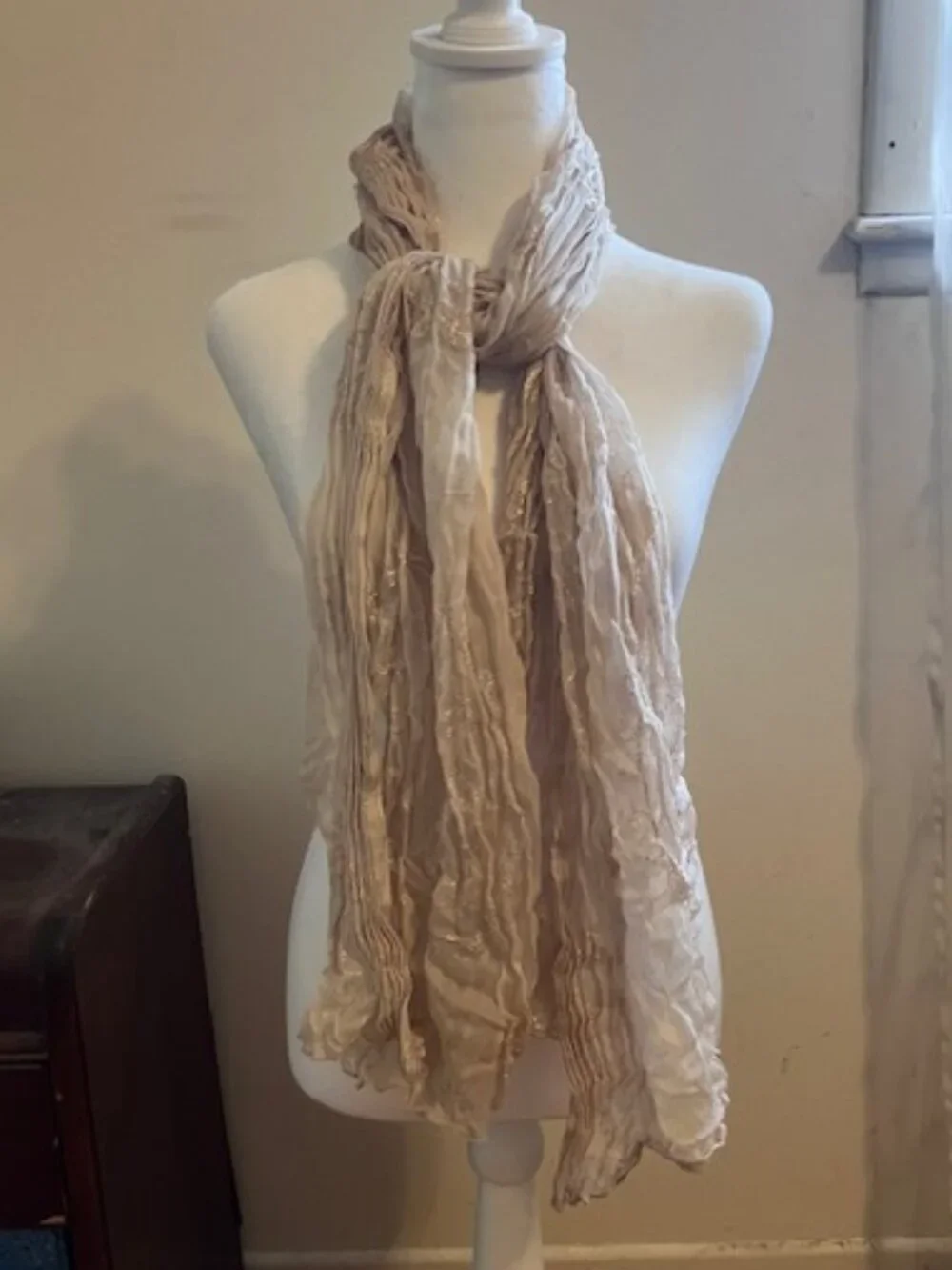 Sheer Crinkly Champagne Pink Scarf with Silk Embroidered Patterns